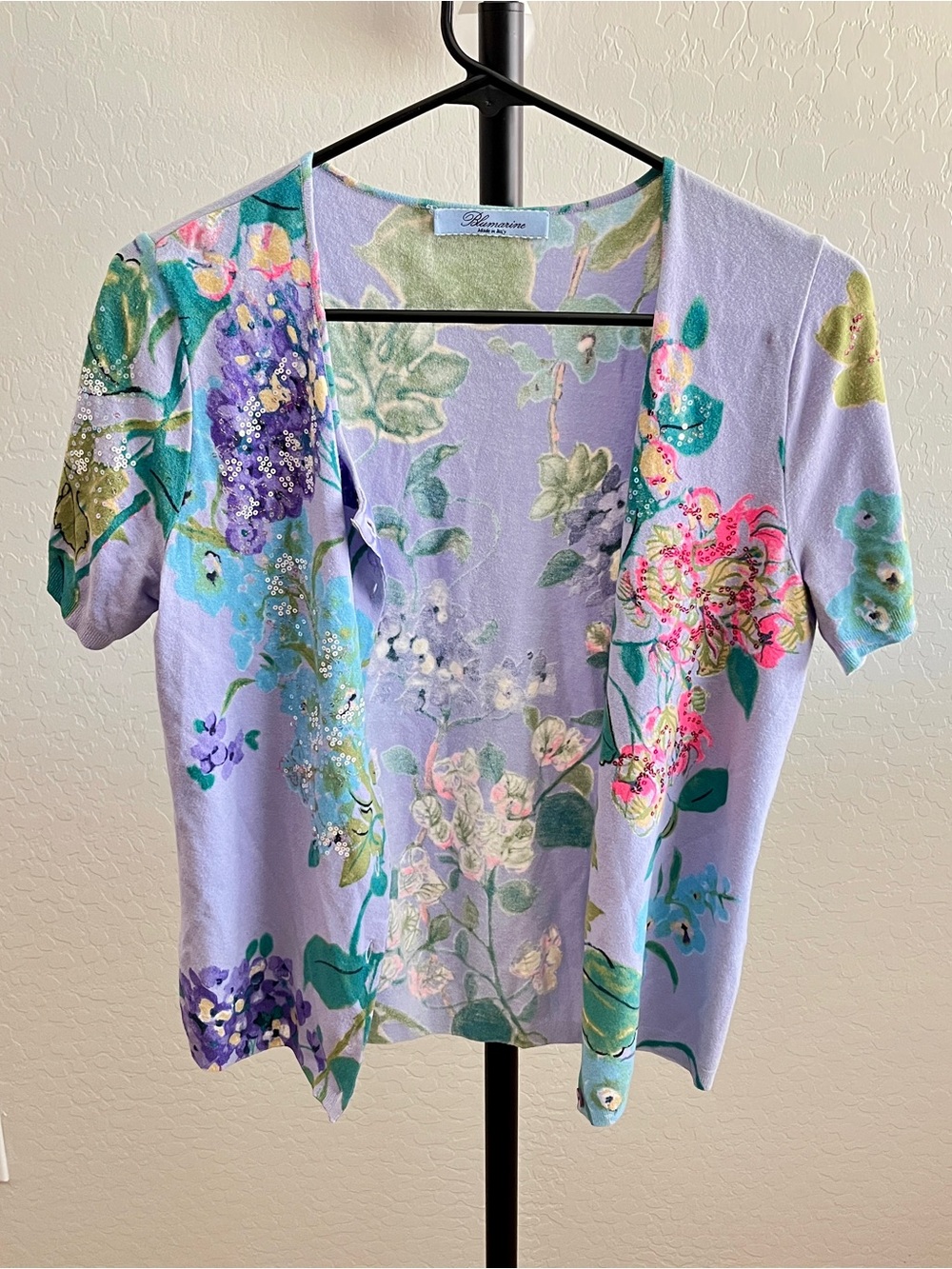 Vintage Blumarine Lavender Purple Floral Short Sleeve Sequin Cardigan